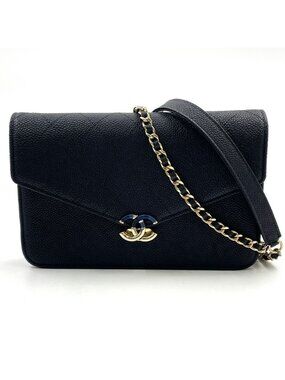 Chanel Half Coco Wallet Caviar Leather Black Chain Shoulder Bag Gold